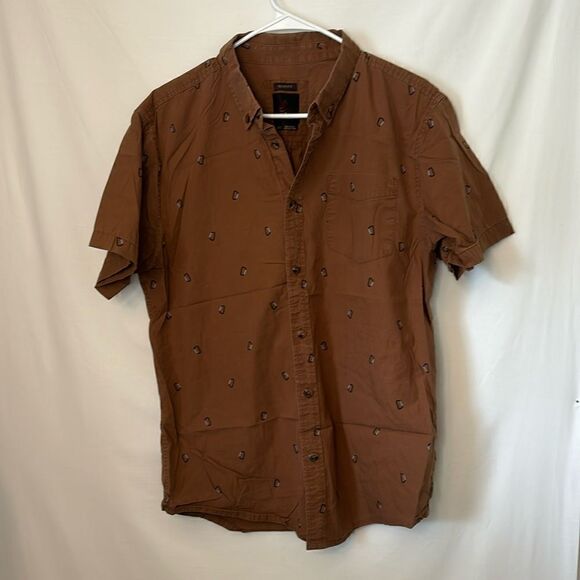 Prana EUC brown carabiner print short sleeve button down shirt Size Large - Picture 1 of 5
